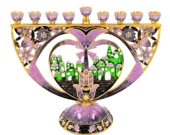 14K Gold & Purple Enamel NINE BRANCH CHANUKIA Pomegranate With Hand Hamsa Jerusalem Hanukkah Menorah Hanukia From Israel Jerusalem Art