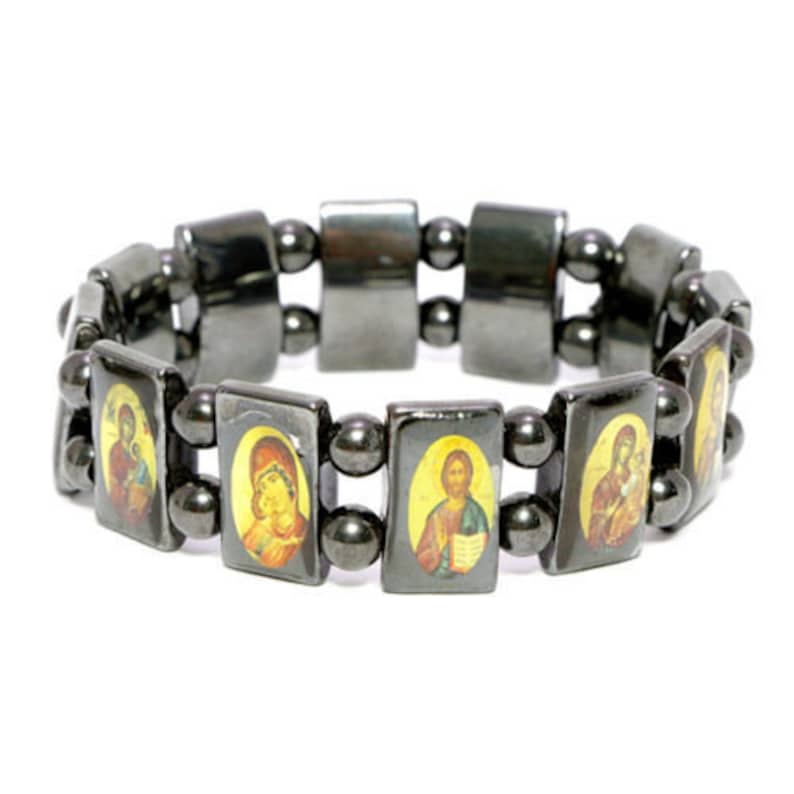 Genuine HEMETITE STONE Blessed Bracelet With Orthodox Christian Holy Icons Jerusalem Blessed Bracelet Holy Land Gift + FREE Personal Text image 2