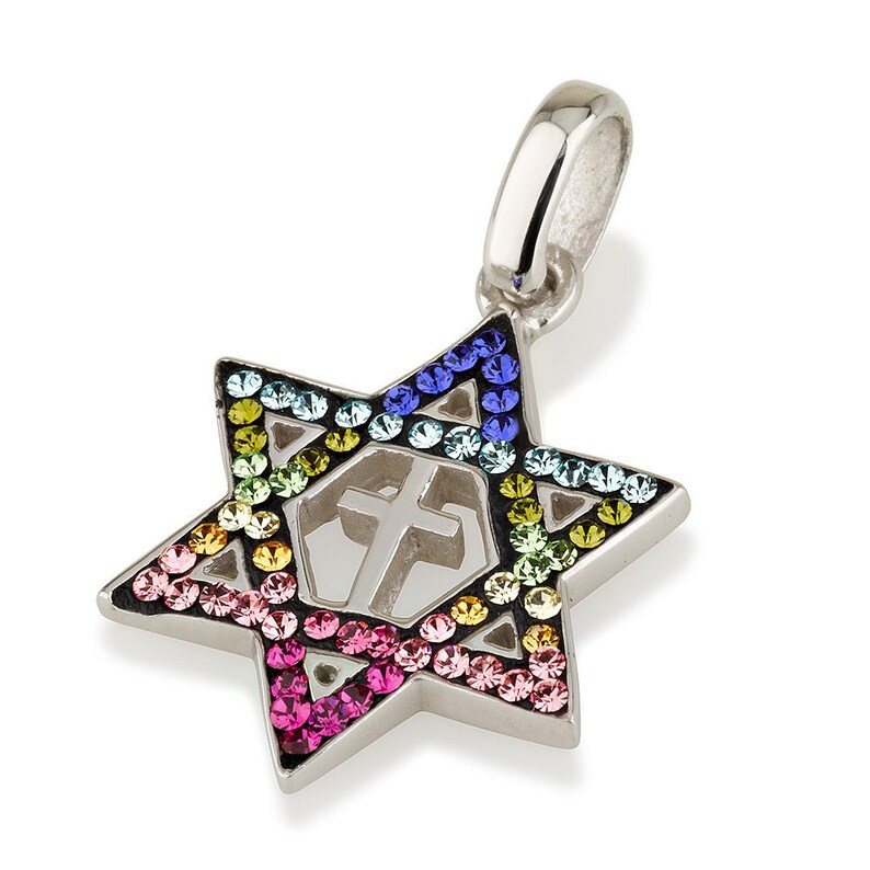 May include: A silver pendant in the shape of a Star of David with a rainbow of colorful crystals.