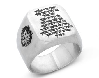 May include: A silver signet ring with a lion head engraved on the side and Hebrew text on the top.