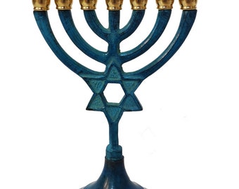 Custom Engraved Antique Replica Copper PATENA MENORAH 6 Inch Height Seven Branch Candle Holder Menorah With Star Of David + Your Engraving