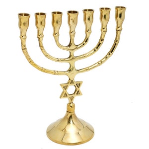 Custom Engraved Brass Copper Authentic 10 Inch / 25 cm Height Seven Branches With Star Of David  Menorah Art Vintage Israel Candle Holder