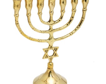 Custom Engraved Brass Copper Authentic 10 Inch / 25 cm Height Seven Branches With Star Of David  Menorah Art Vintage Israel Candle Holder