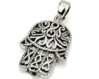 Silver 925 FILIGREE HAMSA HAND Pendant Evil Eye Hand Made Necklace From Israel