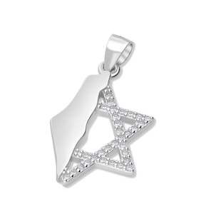 Pendentif carte d'Israël du 7 octobre en argent 925, moitié carte d'Israël et moitié étoile de David avec zircons, collier de territoire de croquis d'Israël cadeau Israël