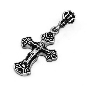 Zilver 925 GEZEGEND ORTHODOX KRUIS 25 mm lengte zwartgeblakerde gekruisigde Jeruzalem hanger uit het Heilig Graf - Heilige Land geschenk Jeruzalem kunst