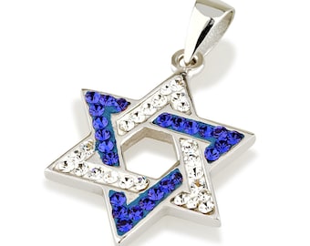 Pendentif étoile de David en argent 925 gravé personnalisé, style moderne, couleurs du drapeau israel, pierres Swarovski, judaïsme juif israël