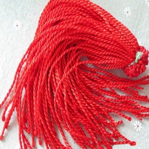 May include: A red tassel with a knotted top. The tassel is made of many strands of twisted red thread.