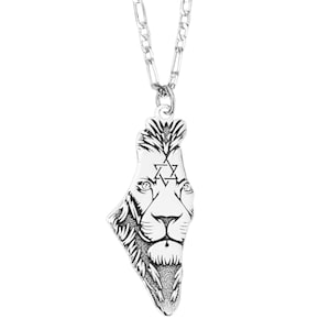 Pendentif carte d'israel en argent 925, lion de judée et étoile de David - collier territoire esquisse israël cadeau israël