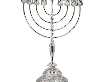 Silver Plated 9 Branches CHANUKIA Menorah Hanukia 18 Inch Height Extra Large Jumbo Size Israel Candle / Oil Holder + Your Personal Engraving
