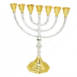 Custom Engraved Brass Copper 10 Inch Height Seven Branches With 925 Silver & 14k Gold Plating Vintage Israel Menorah Vintage Gift