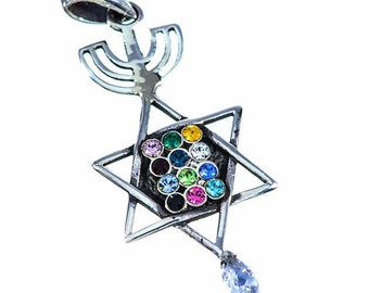 Pendentif messianique en argent 925 greffé avec plastron sacerdotal Hoshen Menorah poisson Ephod pendentif Israël multicolore Jérusalem cadeau