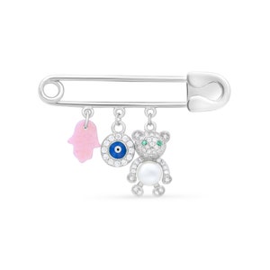 PERSONALIZED Silber 925 und Swarovski Stein Evil Eye BABY MÄDCHEN Sicherheitsnadel & Blessing-Karte mit Kabbalah Anhänger: Niedlicher Bär, Auge, Pink Hamsa