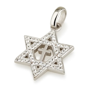 May include: A silver pendant in the shape of a Star of David with a cross inside. The pendant is decorated with clear crystals.