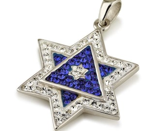 Silver 925 Swarovski Stones 3D Star Of David Pendant  Necklace, Israel Charm Gift - In Multiple Colors