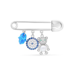 GEPERSONALISEERDE zilveren 925 en Swarovski-steen boze oog BABY BOY Veiligheidsspeld en zegenkaart met Kabbala-hangers: blauwe opaal, beer, oog, cadeau
