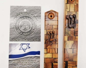 Authentische echte Olivenholz Mosaik Stil Tür Mezuzah für Outdoor / Indoor in 2 verschiedenen Größen, Shin Shadai Schutz Kabbalah Home Charm