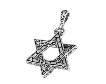 Argent 925 décoré vintage étoile de David juive / Magen David collier pendentif art judaïque et chaîne d'Israël