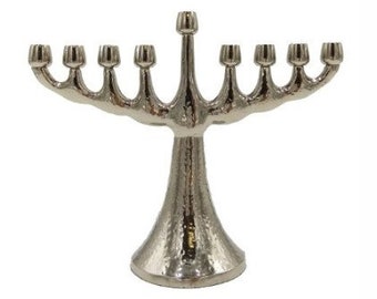 Silver Plated 9 Branches HAMMERED Menorah Hanukia 8 Inch Wide Israel Candle / Oil Holder + Custom Engrave