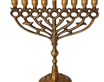 Custom Engraved Brass Copper Antique Replica 10 Inch / 25 Hanukkah Candle Holder 9 Branches Pomegranate CHANUKIA + Your Personal Engraving