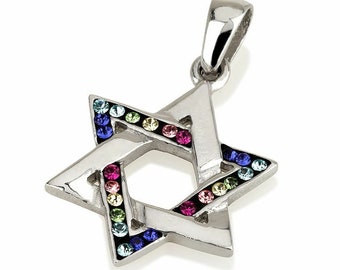 Silber 925 & Regenbogen Kristalle Davidstern / Magen David Jejuda Halskette Geschenk Aus Israel