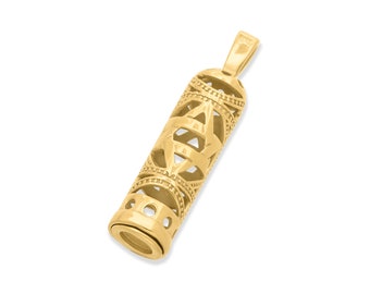 18K Gold Filled Mezuzah Pendant With Star Of David / Chai / Grafted In Filigree Judaica Art Israel Gift Necklace