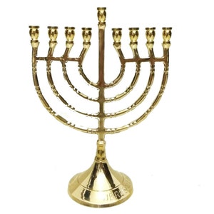 Custom Engraved CHANUKIA Brass Copper King David Harp Shape 9 Branch 10 Inch Height Hanukkah Menorah Israel Candle Holder image 1