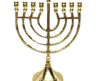 Custom Engraved CHANUKIA Brass Copper King David Harp Shape 9 Branch 10 Inch Height Hanukkah Menorah Israel Candle Holder