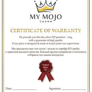May include: Certificate of warranty for a silver pendant or ring. The certificate states that the piece is made in Israel with a guarantee of high quality. The certificate has a red seal with the words "Original Silver 925".