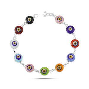 Sterling Silver 925 Multi Color Handmade Eyes Charms Rainbow Gift Bracelet
