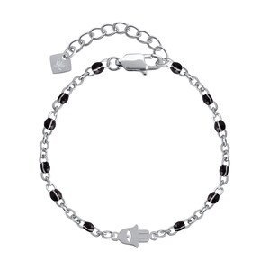 May include: A silver chain bracelet with black beads and a hamsa hand charm.