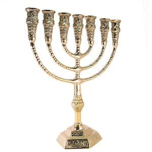 Custom Engraved Brass Massive TEMPLE MENORAH Seven Branches Vintage 12 Inch Height Candle Holder Menorah For Oil / Candles