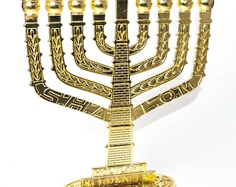 Genuine Gold Plated Israel 9 Branch Kenesset Hanukkah Hanukia Menorah With Israel Symbols