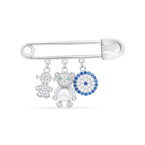 GEPERSONALISEERDE Zilveren 925 en Swarovski-stenen Boze oog BABYMEISJE Veiligheidsspeld en zegenkaart met Kabbala-hangers: oog, schattige beer, leuk cadeau