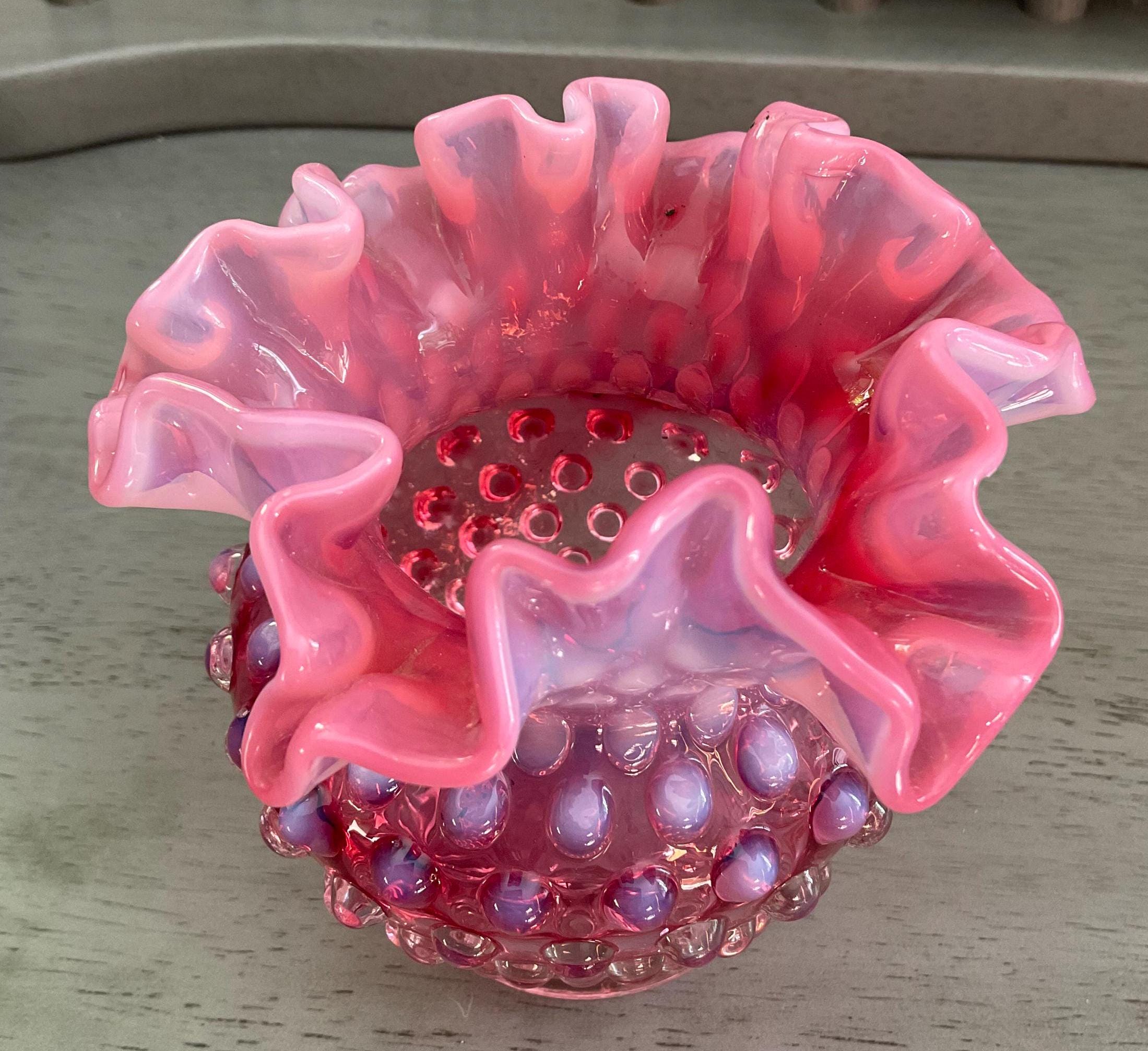 Vintage Fenton Glass Cranberry Pink Opalescent Hobnail Rose Bowl ...