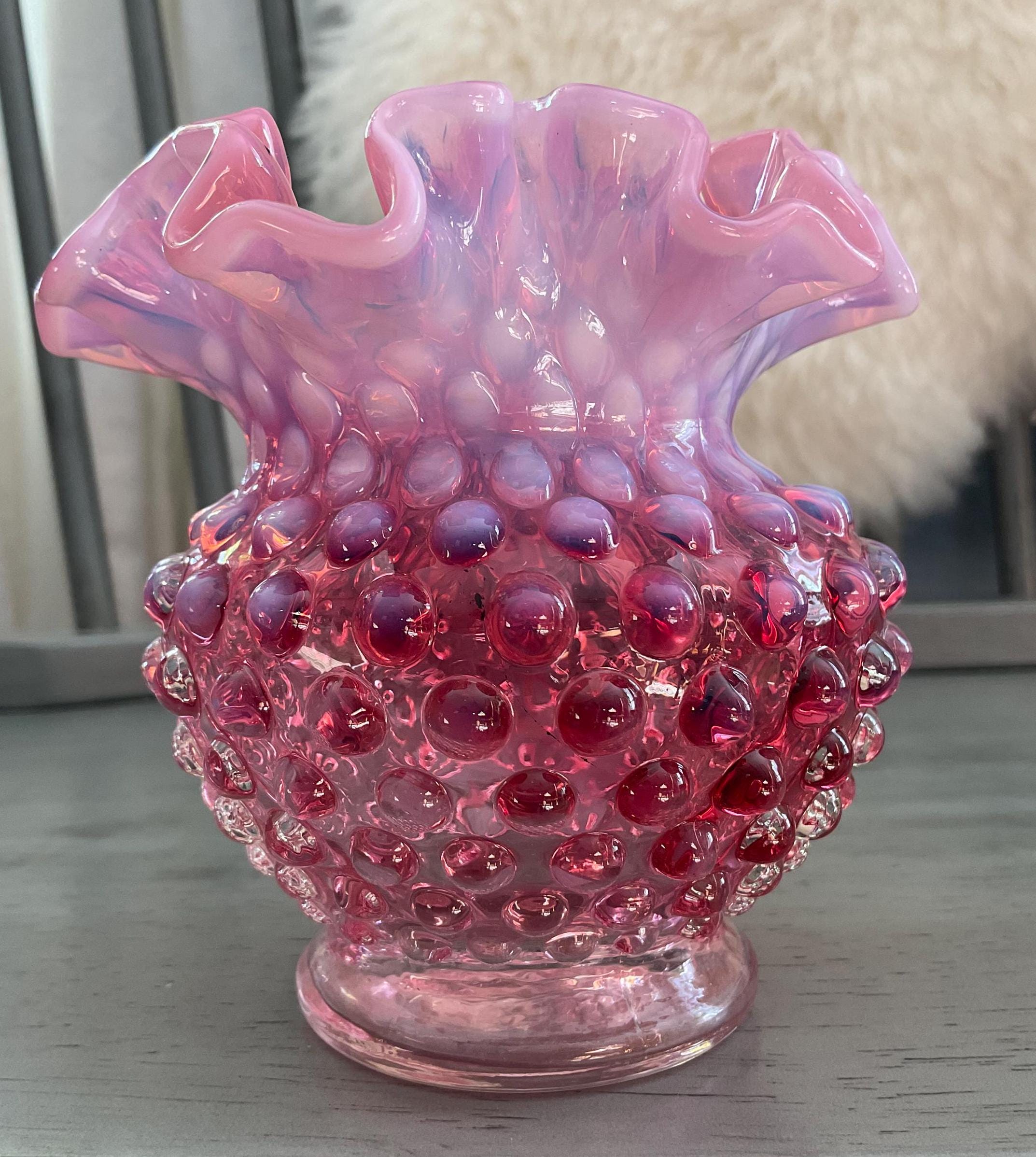 Vintage Fenton Glass Cranberry Pink Opalescent Hobnail Rose Bowl ...