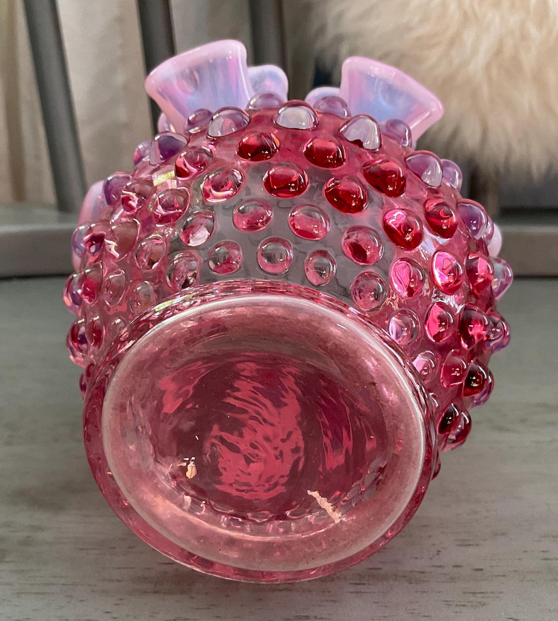 Vintage Fenton Glass Cranberry Pink Opalescent Hobnail Rose Bowl ...