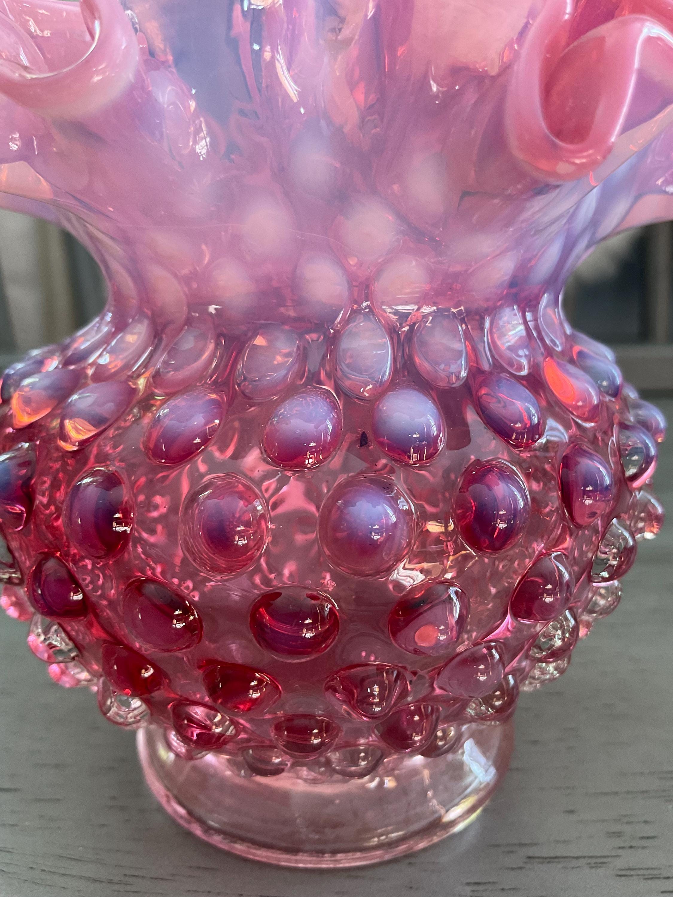 Vintage Fenton Glass Cranberry Pink Opalescent Hobnail Rose Bowl ...