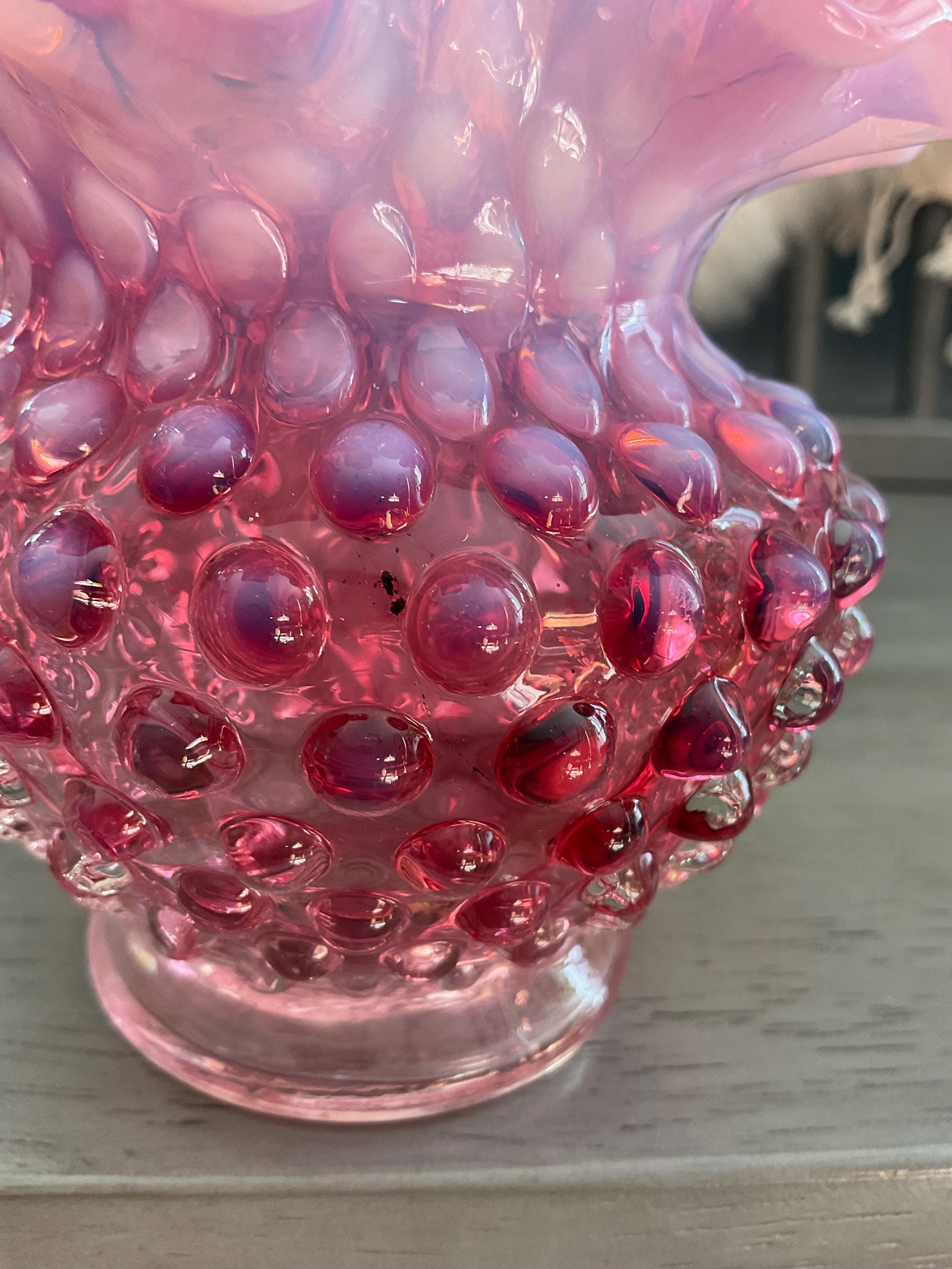 Vintage Fenton Glass Cranberry Pink Opalescent Hobnail Rose Bowl ...