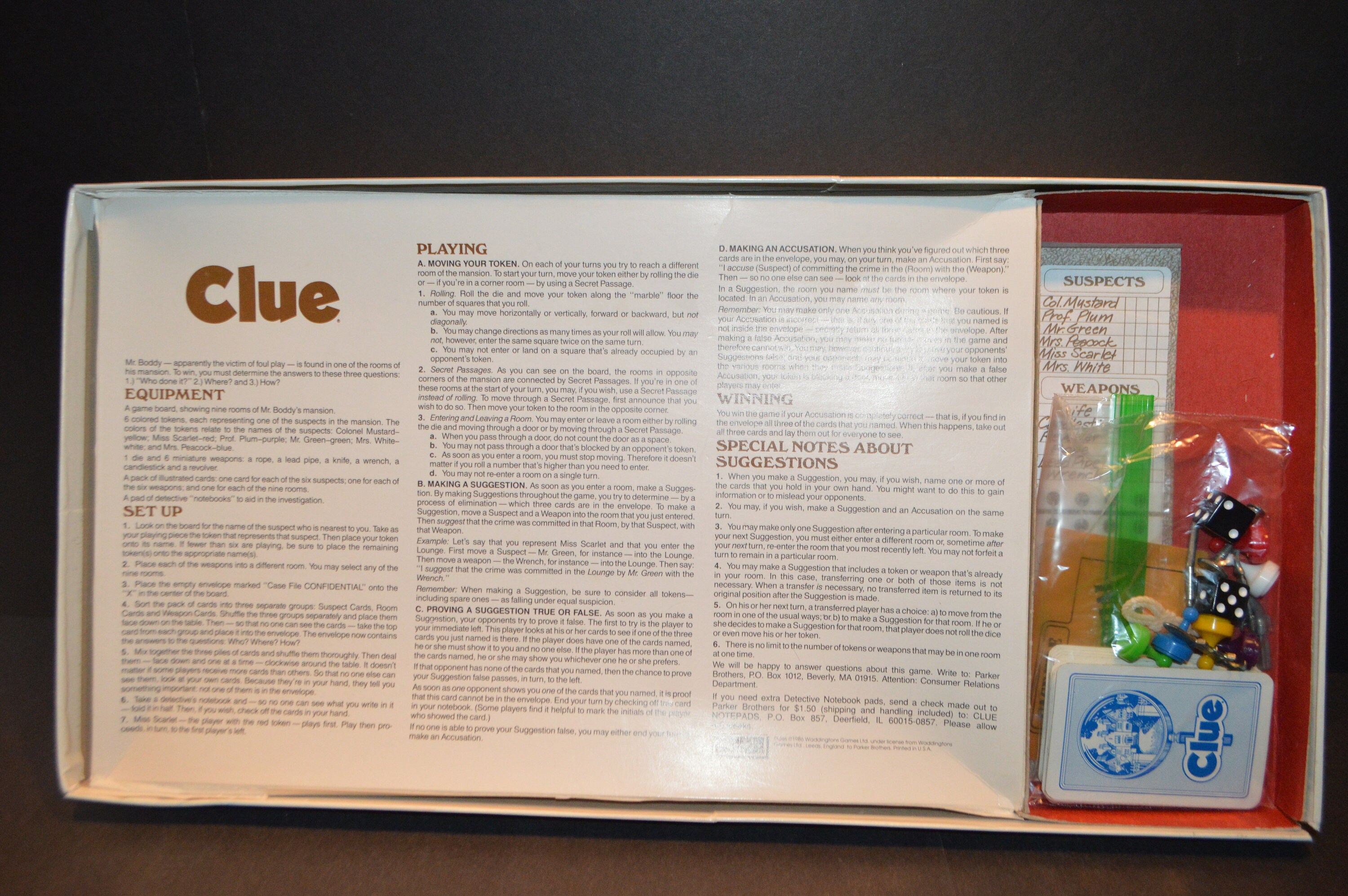Vintage 1986 Parker Brothers Clue Board Game A No. 0045 - Etsy