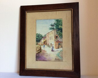 Antique watercolour painting, a French pastoral picture from 1915