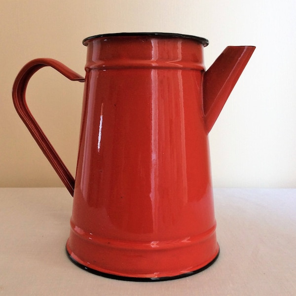 Vintage enamel pitcher, French country red enamelware jug for your retro home decor