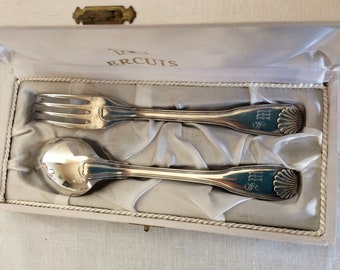 Vintage spoon and fork boxed set, French silver plated flatware monogrammed S M