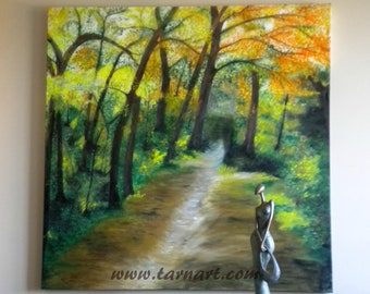 Huge woodland art, original oil painting of a walk in the woods