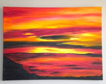 Original sunset painting, large colourful seascape oil art