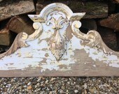 Shabby chic wood pediment, large vintage French carved wooden decor