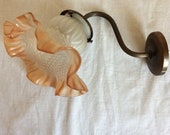 French wall light, a vintage copper tulip sconce with beige and white glass