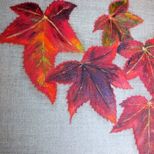Autumn art oil painting on a natural canvas in red and gold image 3