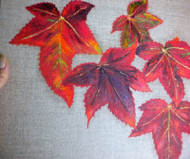Autumn art oil painting on a natural canvas in red and gold image 3