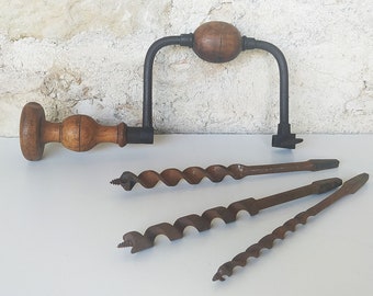 Vintage hand drill with 3 auger bits, French woodworking tools